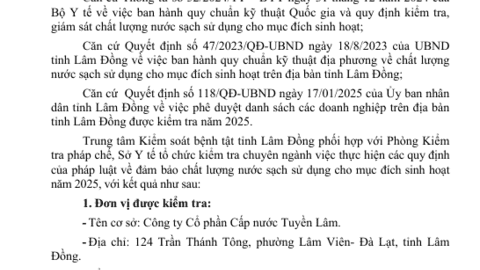 Kết quả ngoại kiểm chất lượng nước sạch sử dụng cho mục đích sinh hoạt  tại Công ty Cổ phần Cấp nước Tuyền Lâm năm 2025