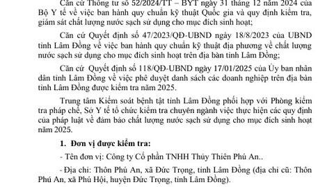 Báo cáo Kết quả ngoại kiểm chất lượng nước sạch sử dụng cho  mục đích sinh hoạt tại Công ty TNHH Thủy Thiên Phú An