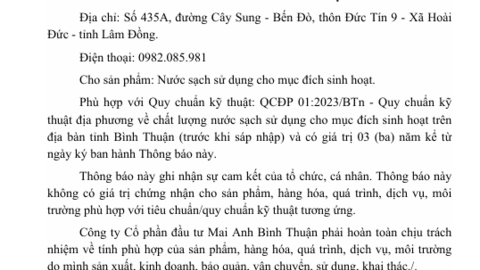 Thông báo tiếp nhận Công bố Hợp quy Công ty cổ phần đầu tư Mai Anh Bình Thuận
