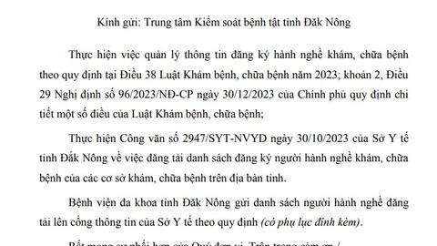 Danh sách người hành nghề khám bệnh, chữa bệnh tại Bệnh  viện đa khoa tỉnh Đăk Nông lần 22