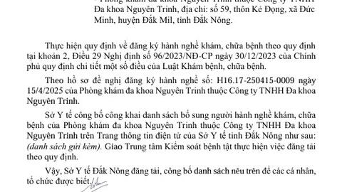 Công bố công khai danh sách bổ sung người hành nghề khám bệnh, chữa bệnh ngày 15/4/2025 tại Phòng khám đa khoa Nguyên Trinh