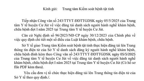 Công bố danh sách đăng ký người hành nghề KBCB tại cơ sở KCB - Trung tâm Y tế huyện Cư Jút đợt I năm  2025