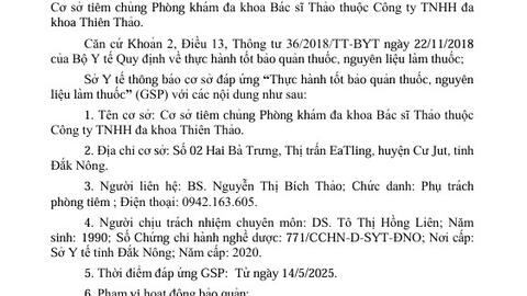 THÔNG BÁO ĐÁP ỨNG THỰC HÀNH TỐT BẢO QUẢN THUỐC, NGUYÊN LIỆU LÀM THUỐC