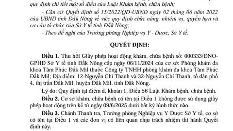 Quyết định 425/QĐ-SYT về việc thu hồi Giấy phép hoạt động khám bệnh, chữa bệnh (PKĐK Tâm Phúc Đắk Mil do thay đổi địa chỉ trong giấy phép)