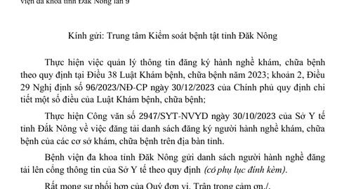 Công bố danh sách người hành nghề khám bệnh, chữa bệnh tại Bệnh viện đa khoa tỉnh Đăk Nông lần 9