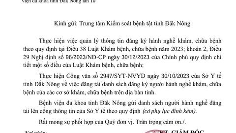 Công bố danh sách người hành nghề khám bệnh, chữa bệnh tại Bệnh viện đa khoa tỉnh Đăk Nông lần 10