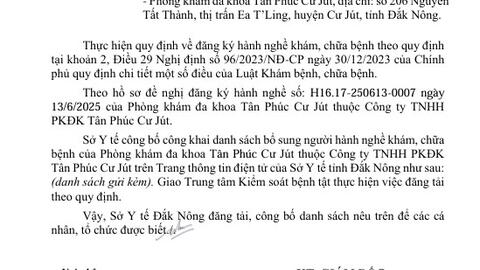 Công bố công khai danh sách bổ sung người hành nghề khám bệnh,  chữa bệnh ngày 13/6/2025 tại Phòng  khám đa khoa Tân Phúc Cư Jút