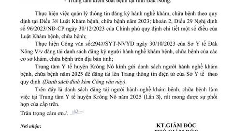 Công bố danh sách người hành nghề khám, chữa bệnh tại Trung tâm Y tế huyện  Krông Nô năm 2025 ( Lần 3)”