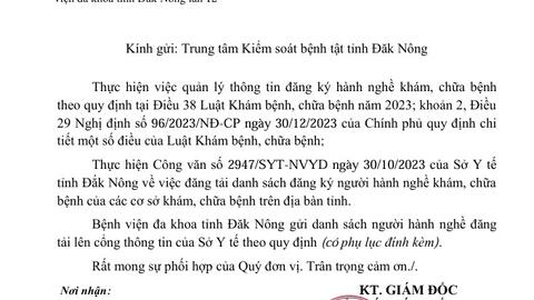 Công bố danh sách người hành  nghề khám bệnh, chữa bệnh tại Bệnh  viện đa khoa tỉnh Đăk Nông lần 12