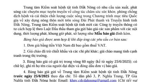 Thông báo Mời báo giá sản xuất và phát sóng các chuyên mục về công tác chăm sóc  sức khỏe, phòng chống dịch bệnh và cải thiện chất lượng cuộc sống trên  sóng Đài Phát thanh và Truyền hình tỉnh Đắk Nông