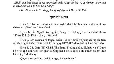Quyết định thu hồi Chứng chỉ/Giấy phép hành nghề khám bệnh, chữa bệnh (các cá nhân thay đổi PVCDCM)