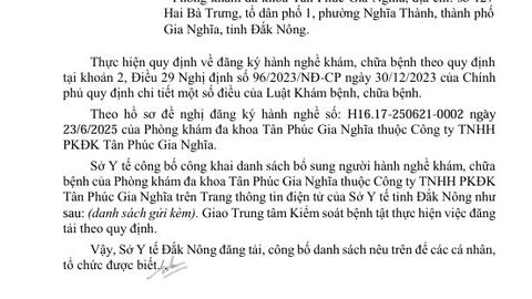 Công bố công khai danh sách bổ  sung người hành nghề khám bệnh,  chữa bệnh ngày 20/6/2025 tại Phòng  khám đa khoa Tân Phúc Gia Nghĩa