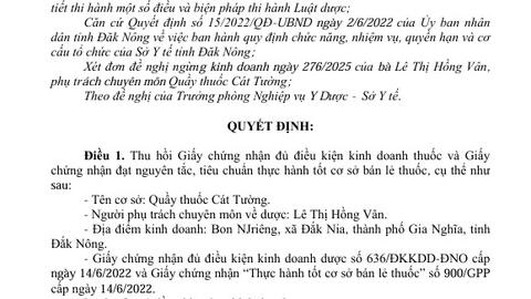Quyết định 594/QĐ-SYT Thu hồi Giấy chứng nhận đủ điều kiện kinh doanh thuốc, Giấy chứng nhận thực hành tốt cơ sở bán lẻ thuốc - GPP (Lê Thị Hồng Vân)