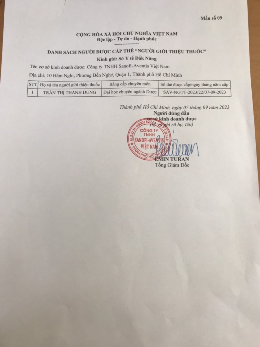 Công bố danh sách người được cấp thẻ "Người giới thiệu thuốc" (Sanofi Việt Nam) lần 5